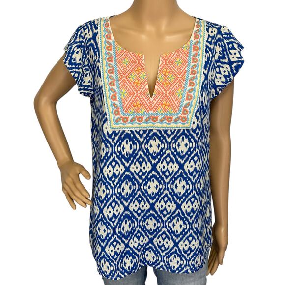 THML Embroidered Top Blue Orange Short Sleeve Boho Size M - Picture 1 of 9